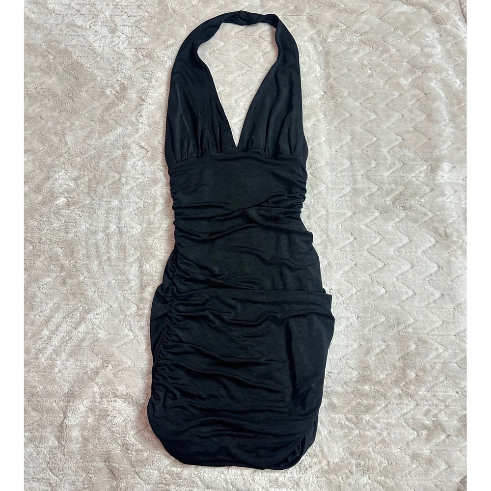 2b Bebe Black Halter Mini Dress Ruched Bodycon Deep V Neck Small Y2K Baddie